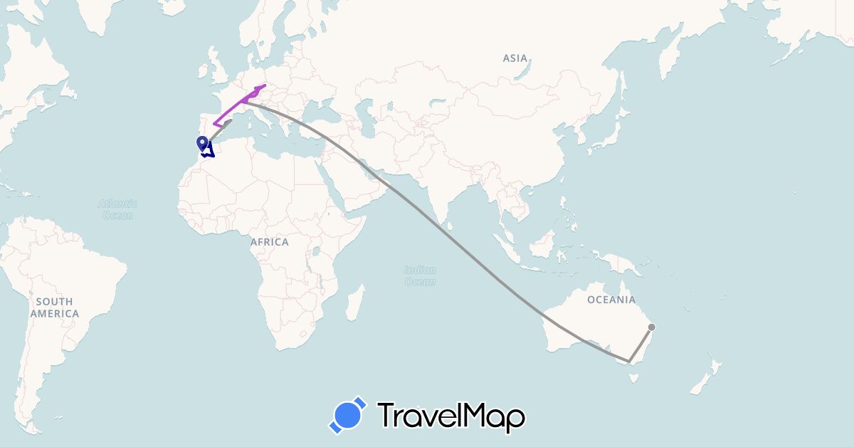 TravelMap itinerary: driving, bus, plane, train in United Arab Emirates, Australia, Switzerland, Czech Republic, Germany, Spain, Morocco (Africa, Asia, Europe, Oceania)